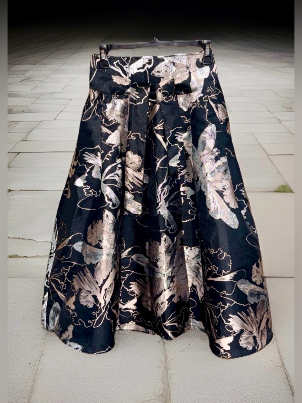 Women’s Black A-Line Skirt with Metallic Silver Floral Jacquard